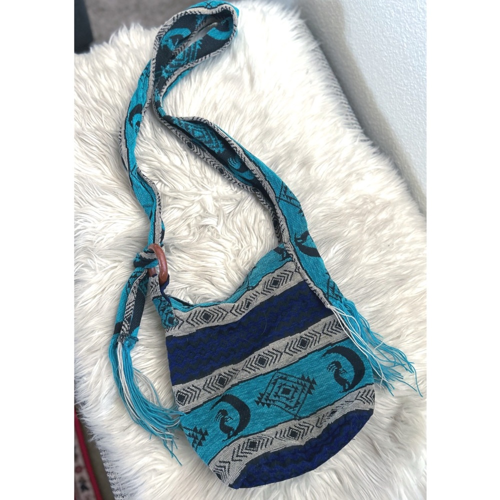 Kachina doll w/ moon print crossbody hobo knit festival hippie raver bag